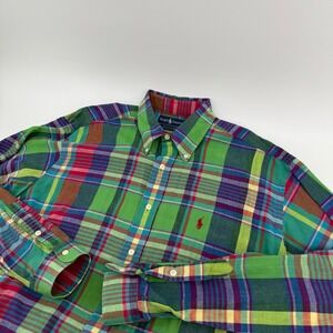 Ralph Lauren Mens Large Madras Plaid Button Down Shirt Green Red Multi Color L